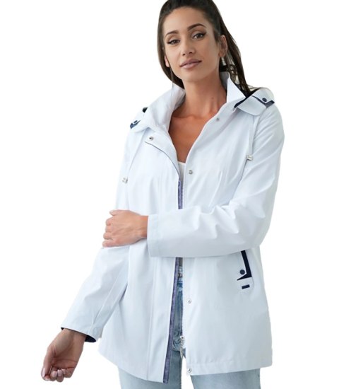 Stylowa damska kurtka - taliowana, lekka, z odpinanym kapturem CARLA (Biały)