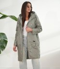 Damski płaszcz SARA - dwustronny, oversize, kaptur, wiosenny, ocieplany (Zielony) 40