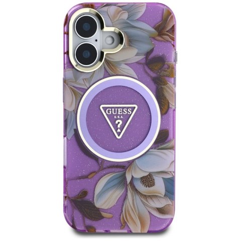 Guess Glitter Flowers Triangle Buttons MagSafe - Etui do iPhone 16 (fioletowy) Guess Glitter Flowers Triangle Buttons MagSafe - Etui do iPhone 16 (fioletowy)