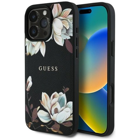 Guess Grained Printed Flower Pattern MagSafe - Etui do iPhone 16 Pro (czarny) Guess Grained Printed Flower Pattern MagSafe - Etui do iPhone 16 Pro (czarny)