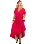 Długa sukienka MAXI z falbanami - zwiewna, kopertowa, wiązana (Czerwony) XL/2XL