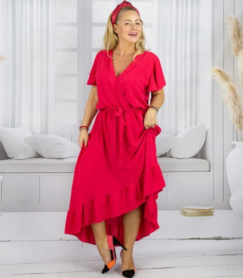 Długa sukienka MAXI z falbanami - zwiewna, kopertowa, wiązana (Czerwony) XL/2XL Długa sukienka MAXI z falbanami - zwiewna, kopertowa, wiązana (Czerwony) XL/2XL