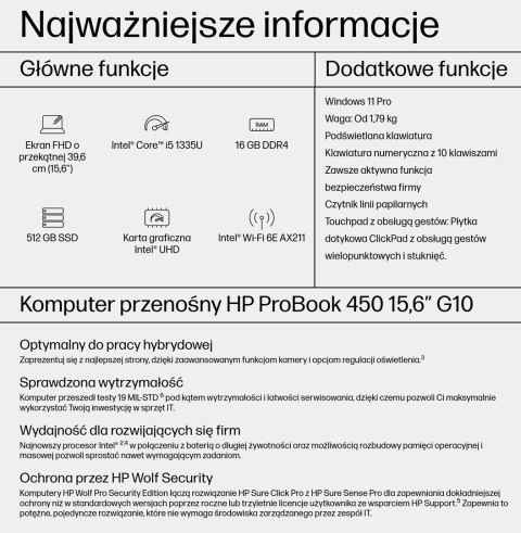 HP ProBook 450 G10 i5-1335U 15,6"FHD AG IPS 16GB SSD512 IrisXe ALU W11Pro 3Y OnSite HP ProBook 450 G10 i5-1335U 15,6"FHD AG IPS 16GB SSD512 IrisXe ALU W11Pro 3Y OnSite