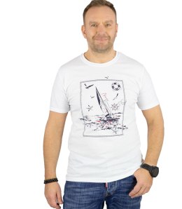 Męski t-shirt koszulka krótki rękaw z marynistycznym motywem (Biały) XXL