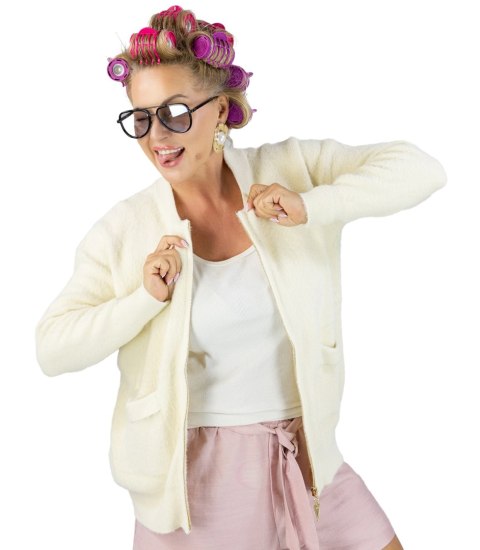 Krótki kardigan sweter rozpinany z puszystej dzianiny "COCO CHIC" (Ecru) S/M Krótki kardigan sweter rozpinany z puszystej dzianiny "COCO CHIC" (Ecru) S/M