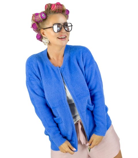 Krótki kardigan sweter rozpinany z puszystej dzianiny "COCO CHIC" (Niebieski) S/M Krótki kardigan sweter rozpinany z puszystej dzianiny "COCO CHIC" (Niebieski) S/M