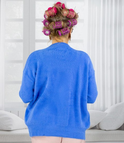 Krótki kardigan sweter rozpinany z puszystej dzianiny "COCO CHIC" (Niebieski) S/M Krótki kardigan sweter rozpinany z puszystej dzianiny "COCO CHIC" (Niebieski) S/M
