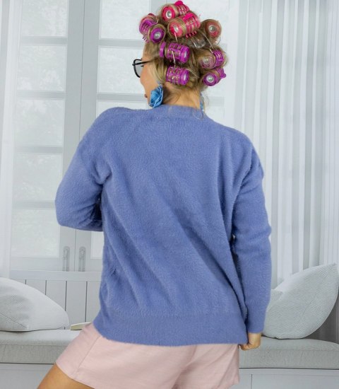 Krótki kardigan sweter rozpinany z puszystej dzianiny "COCO CHIC" (Niebieski) S/M Krótki kardigan sweter rozpinany z puszystej dzianiny "COCO CHIC" (Niebieski) S/M
