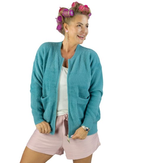 Krótki kardigan sweter rozpinany z puszystej dzianiny "COCO CHIC" (Zielony) S/M