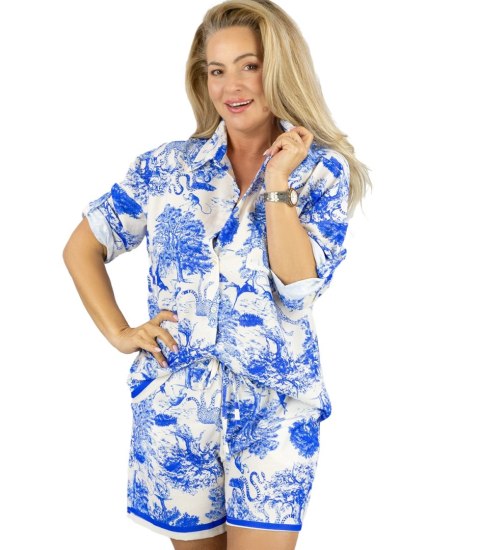 Komplet damski koszula i szorty z printem toile de Jouy CAMILA (Niebieski)