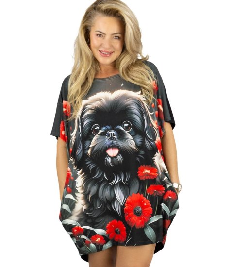 Sukienka czarna tunika z kolorowym nadrukiem i kieszeniami PERLA (Wielokolorowy || Czarny) L/XL