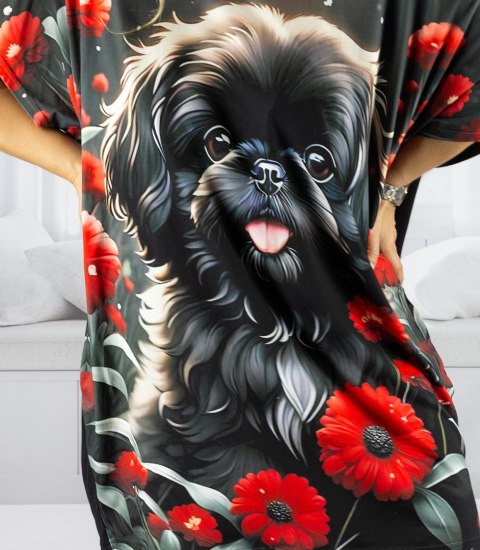 Sukienka czarna tunika z kolorowym nadrukiem i kieszeniami PERLA (Wielokolorowy || Czarny) L/XL Sukienka czarna tunika z kolorowym nadrukiem i kieszeniami PERLA (Wielokolorowy || Czarny) L/XL