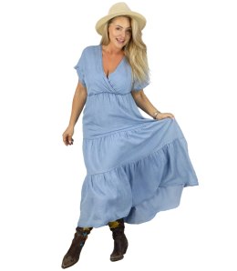Sukienka maxi ala jeans z kopertowym dekoltm styl boho SAVANNAH (Niebieski)