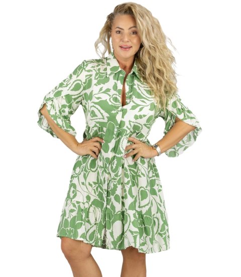 Lużna sukienka midi z falbankami w print all over CLARA (Zielony || Biały || Wielokolorowy) M/L