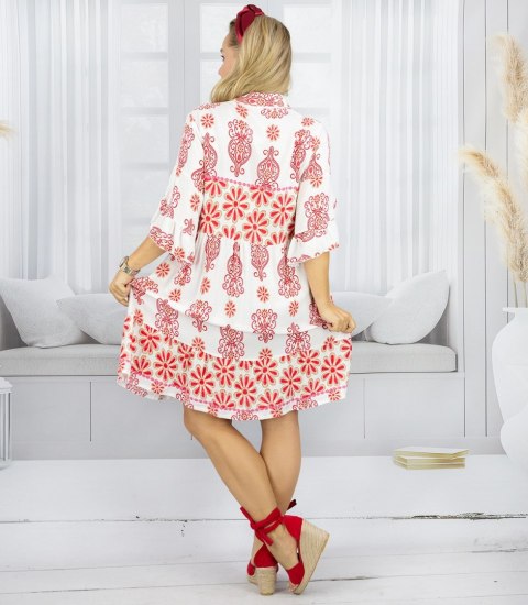 Luźna sukienka boho midi z falbankami PALOMA (Czerwony || Biały || Wielokolorowy) M/L Luźna sukienka boho midi z falbankami PALOMA (Czerwony || Biały || Wielokolorowy) M/L