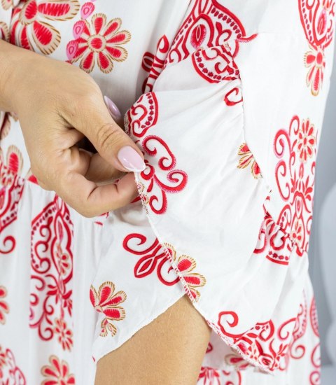 Luźna sukienka boho midi z falbankami PALOMA (Czerwony || Biały || Wielokolorowy) M/L Luźna sukienka boho midi z falbankami PALOMA (Czerwony || Biały || Wielokolorowy) M/L