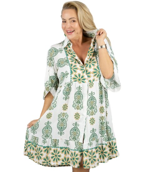Luźna sukienka boho midi z falbankami PALOMA (Zielony || Biały || Wielokolorowy) M/L Luźna sukienka boho midi z falbankami PALOMA (Zielony || Biały || Wielokolorowy) M/L