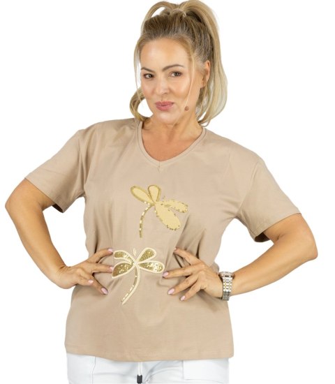 T-shirt bluzka koszulka z ozdobną aplikacją w ważki ZEFIRA (Beżowy)