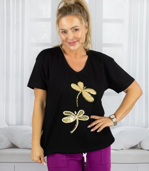 T-shirt bluzka koszulka z ozdobną aplikacją w ważki ZEFIRA (Czarny) T-shirt bluzka koszulka z ozdobną aplikacją w ważki ZEFIRA (Czarny)