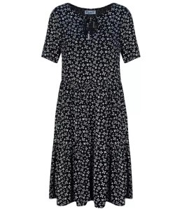 Trapezowa letnia sukienka w biały print MIDI (Czarny) 3XL (46)