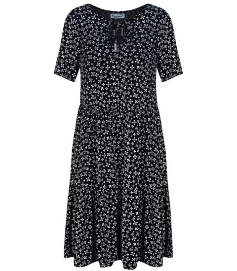 Trapezowa letnia sukienka w biały print MIDI (Czarny) 3XL (46) Trapezowa letnia sukienka w biały print MIDI (Czarny) 3XL (46)