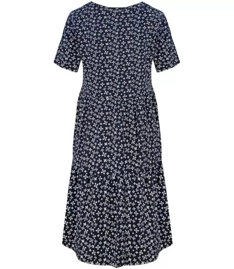 Trapezowa letnia sukienka w biały print MIDI (Granatowy) 3XL (46) Trapezowa letnia sukienka w biały print MIDI (Granatowy) 3XL (46)