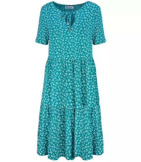 Trapezowa letnia sukienka w biały print MIDI (Niebieski) Trapezowa letnia sukienka w biały print MIDI (Niebieski)