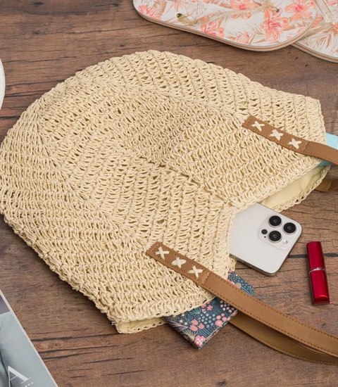 Torba damska plażowa boho ażurowa na lato koszyk shopper (Beżowy) Torba damska plażowa boho ażurowa na lato koszyk shopper (Beżowy)