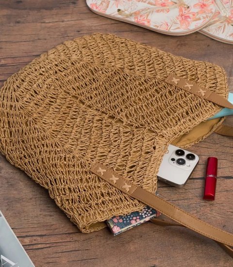 Torba damska plażowa boho ażurowa na lato koszyk shopper (Brązowy) Torba damska plażowa boho ażurowa na lato koszyk shopper (Brązowy)