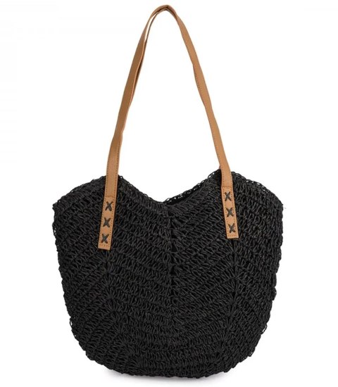 Torba damska plażowa boho ażurowa na lato koszyk shopper (Czarny) Torba damska plażowa boho ażurowa na lato koszyk shopper (Czarny)