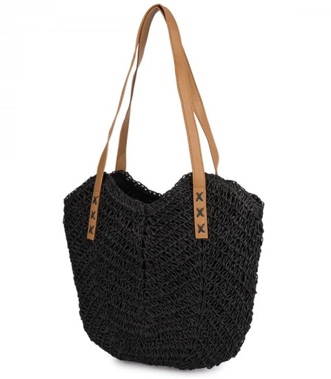 Torba damska plażowa boho ażurowa na lato koszyk shopper (Czarny) Torba damska plażowa boho ażurowa na lato koszyk shopper (Czarny)