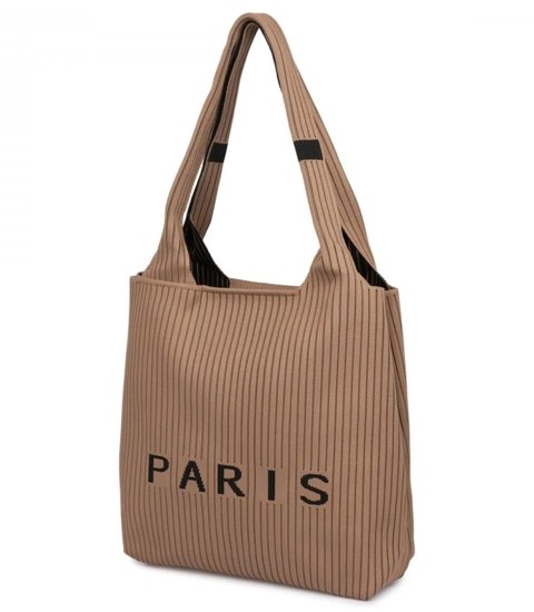 Torba shopper PARIS elegancka prążkowana na ramię z zamkiem (Beżowy) Torba shopper PARIS elegancka prążkowana na ramię z zamkiem (Beżowy)