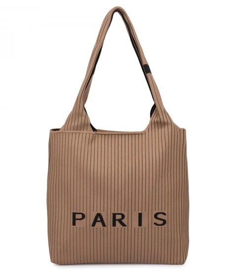 Torba shopper PARIS elegancka prążkowana na ramię z zamkiem (Beżowy) Torba shopper PARIS elegancka prążkowana na ramię z zamkiem (Beżowy)