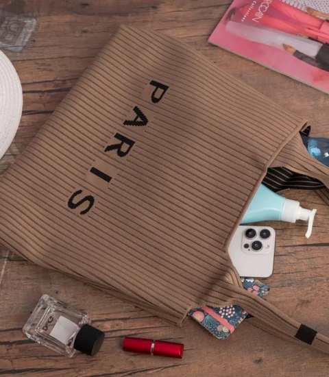 Torba shopper PARIS elegancka prążkowana na ramię z zamkiem (Beżowy) Torba shopper PARIS elegancka prążkowana na ramię z zamkiem (Beżowy)
