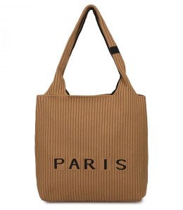 Torba shopper PARIS elegancka prążkowana na ramię z zamkiem (Brązowy)