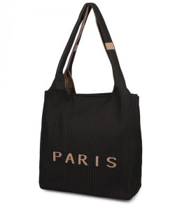 Torba shopper PARIS elegancka prążkowana na ramię z zamkiem (Czarny)