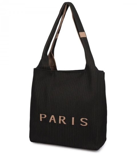 Torba shopper PARIS elegancka prążkowana na ramię z zamkiem (Czarny) Torba shopper PARIS elegancka prążkowana na ramię z zamkiem (Czarny)