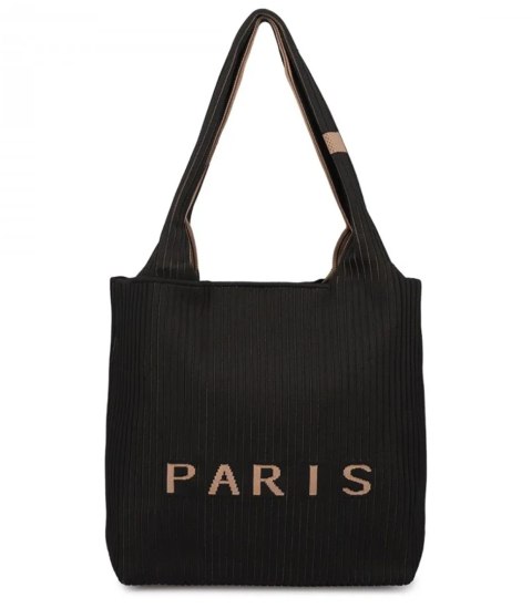 Torba shopper PARIS elegancka prążkowana na ramię z zamkiem (Czarny) Torba shopper PARIS elegancka prążkowana na ramię z zamkiem (Czarny)