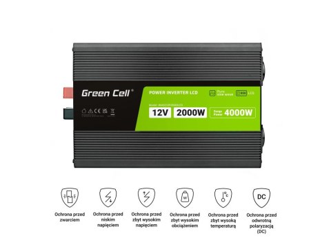 GREEN CELL PRZETWORNICA LCD 12V/230V 2000W/4000W CZYSTY SINUS INVGC12P2000LCD GREEN CELL PRZETWORNICA LCD 12V/230V 2000W/4000W CZYSTY SINUS INVGC12P2000LCD