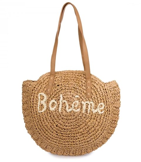 Okrągła torebka boho z plecionki z napisem „Bohème" (Brązowy)