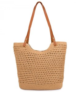 Stylowa torebka boho z plecionki i lnianym wnętrzem (Brązowy)