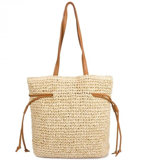 Torebka shopper boho z plecionki z troczkami i podszewką (Beżowy)