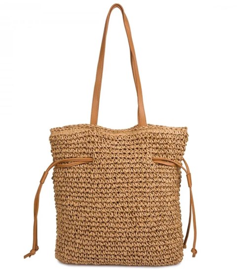 Torebka shopper boho z plecionki z troczkami i podszewką (Brązowy)