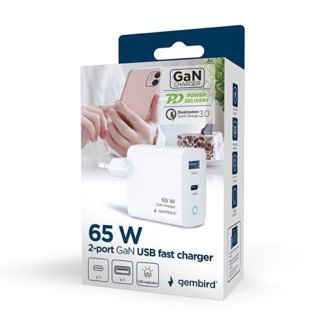 GEMBIRD 2-PORTOWA SZYBKA ŁADOWARKA SIECIOWA GAN (PD) USB (A+C), 65W, BIAŁA GEMBIRD 2-PORTOWA SZYBKA ŁADOWARKA SIECIOWA GAN (PD) USB (A+C), 65W, BIAŁA
