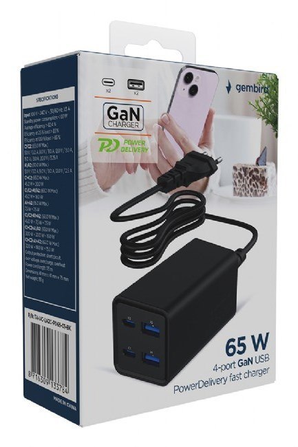 GEMBIRD 4-PORTOWA SZYBKA ŁADOWARKA SIECIOWA GAN (PD) USB (2X USB-A + 2X USB-C), 65W, CZARNA GEMBIRD 4-PORTOWA SZYBKA ŁADOWARKA SIECIOWA GAN (PD) USB (2X USB-A + 2X USB-C), 65W, CZARNA