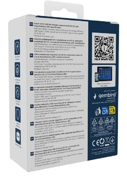 GEMBIRD 4-PORTOWA SZYBKA ŁADOWARKA SIECIOWA GAN (PD) USB (2X USB-A + 2X USB-C), 65W, CZARNA GEMBIRD 4-PORTOWA SZYBKA ŁADOWARKA SIECIOWA GAN (PD) USB (2X USB-A + 2X USB-C), 65W, CZARNA