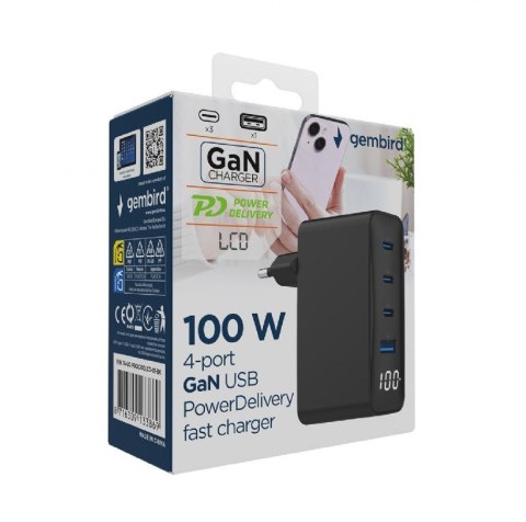 GEMBIRD 4-PORTOWA SZYBKA ŁADOWARKA SIECIOWA GAN (PD) USB (3X USB-A + 1X USB TYP-C) 100W, CZARNA GEMBIRD 4-PORTOWA SZYBKA ŁADOWARKA SIECIOWA GAN (PD) USB (3X USB-A + 1X USB TYP-C) 100W, CZARNA