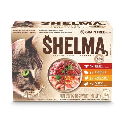 SHELMA saszetka - pełnoporcjowa bezzbożowa karma dla dorosłych kotów. Z kurczakiem, wołowiną, indykiem, kaczką 12x 85 g SHELMA saszetka - pełnoporcjowa bezzbożowa karma dla dorosłych kotów. Z kurczakiem, wołowiną, indykiem, kaczką 12x 85 g