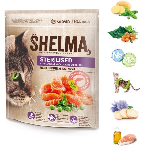 SHELMA karma sucha - pełnoporcjowa bezzbożowa karma dla dorosłych kotów sterylizowanych. Bogata w łososia 750 g SHELMA karma sucha - pełnoporcjowa bezzbożowa karma dla dorosłych kotów sterylizowanych. Bogata w łososia 750 g