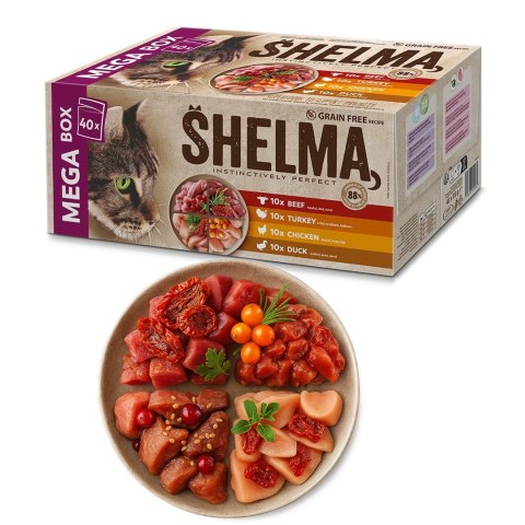 SHELMA saszetki - pełnoporcjowa bezzbożowa karma dla dorosłych kotów. Z wołowiną, kaczką, kurczakiem i indykiem. 40x85g